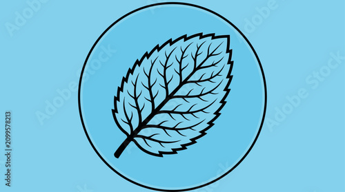 Foto Mint leaf emblem is enclosed within a circular border on a solid blue field