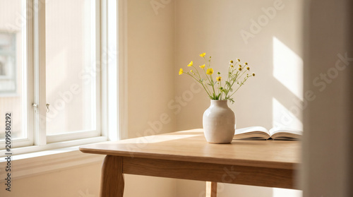 Bright room with wooden table, vase of yellow flowers, open book, and window with sunlight