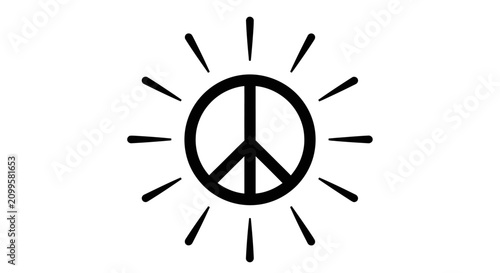 Tableau sur toile Black and white hand drawn peace symbol icon with radiating sun rays