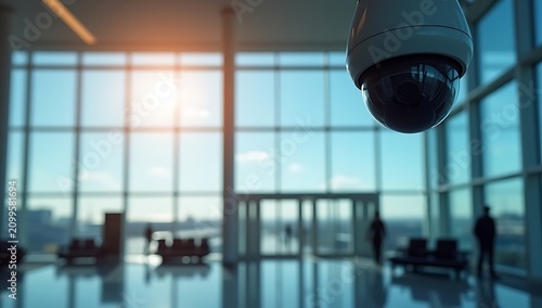 Security camera surveillance in a modern airport terminal interior.