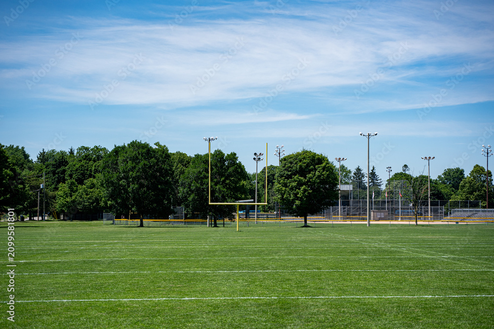 Fototapeta premium Empty American football field with yellow goalposts.