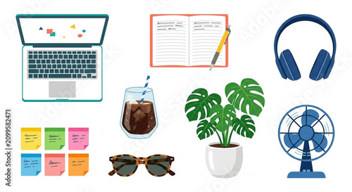Remote work essentials, office supplies, productivity icons, vector set, business tools