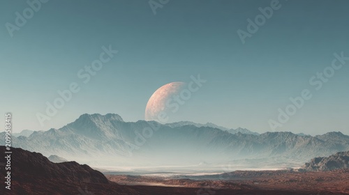 Majestic landscape of mountain ranges with a prominent celestial body in the sky and expansive