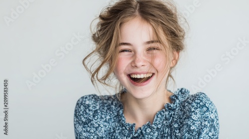 Joyful young girl laughing with messy hair and a bright smile in a candid portrait