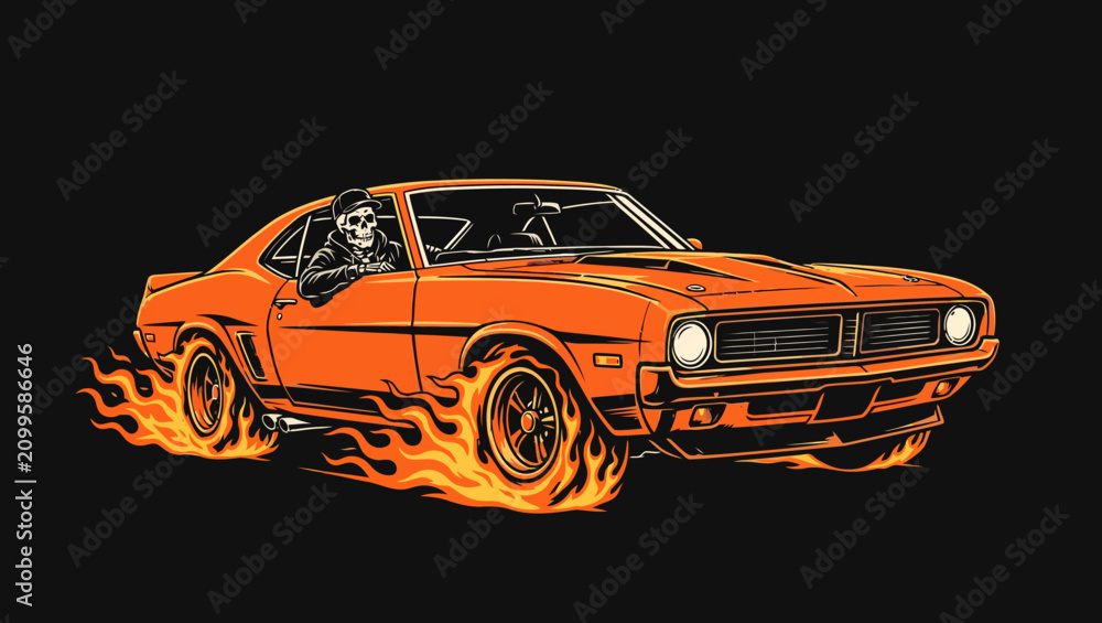 Fototapeta premium Orange vintage car with flames and skeleton driver on black background
