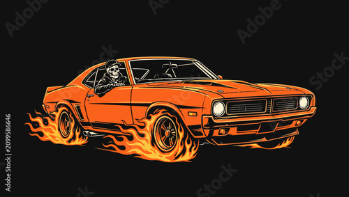 Orange vintage car with flames and skeleton driver on black background for Halloween