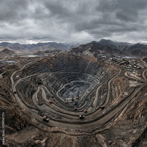 Vast Open Pit Mine Excavation Under Dramatic Cloudy Sky.