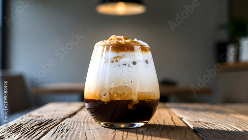Iced Coffee Delight: A tall glass of cold brew coffee, layered with creamy foam and a swirl of caramel, sits on a rustic wooden table, inviting a refreshing sip.
