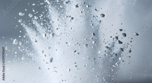 Explosion of white powder and ice crystals splashing against a soft gray background