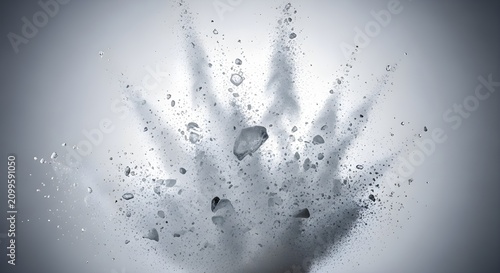 Detailed explosion of powdered ice crystals and flying debris against grey vignette background with sharp macro depth