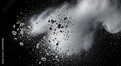 Explosion of white powder and rock particles against a stark black background, creating a dynamic and energetic visual effect