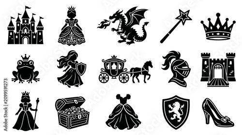 Fairy Tale Princess Fantasy Kingdom Icons Set - Black  White Silhouette Glyphs Collection