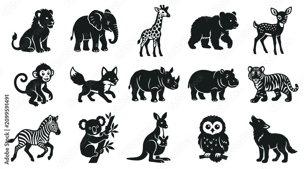Obraz premium Black White Vector Icons of Wild Animals: Lion, Elephant, Giraffe, Bear, Deer, Monkey, Fox, Rhino, Hippo, Tiger, Zebra, Koala, Kangaroo, Owl, Wolf