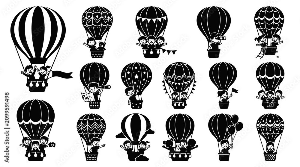 Naklejka premium Children Hot Air Balloons Silhouette Icon Set: Black and White Glyphs for Childhood Adventure and Travel