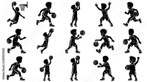 Black and White Silhouettes of Kids Playing Basketball, Sports Theme