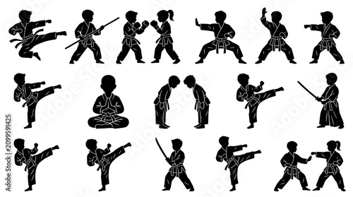 Karate Kids Silhouettes: Martial Arts Action Poses, Black and White Vector Art