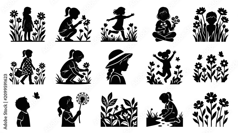 Fototapeta premium Children Silhouettes in Garden Playing with Flowers and Butterflies, Black and White Vector Art