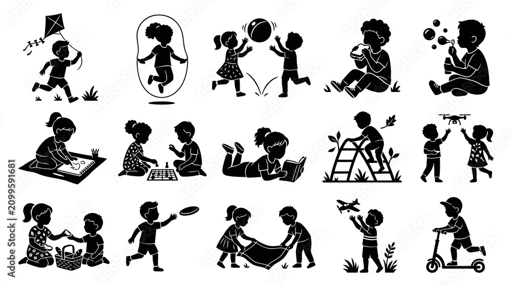 Fototapeta premium Black White Glyph Set of Children Playing Outdoor Games and Activities