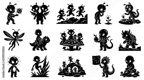 Cute Alien Monster Silhouettes - Black and White Cartoon Characters