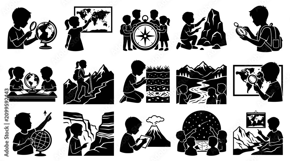 Fototapeta premium Earth Science and Geography Education Black and White Silhouette Glyph Icons Set
