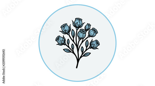 Photography Flower arrangement depicts a detailed blue botanical sketch enclosed within a thin circular border