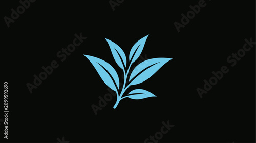 Obraz na plátně Tea plant sprig is rendered as a clean light blue silhouette set against a stark black background