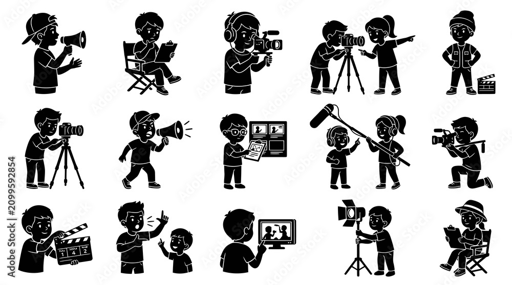 Obraz premium Filmmaking Kids Black White Icons: Director, Camera, Clapperboard, Studio Lights
