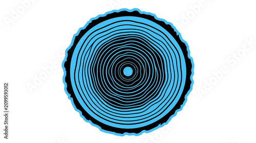 Wood grain illustration showcases a stylized cross-section of a tree trunk with bold blue and black concentric rings defining the growth history.