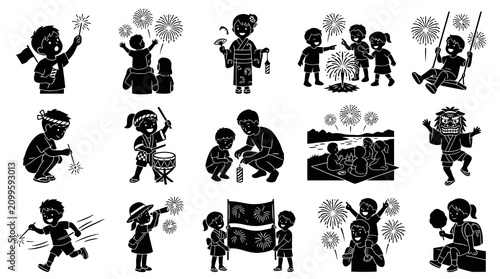 Black  White Glyph Silhouettes of Children Celebrating Summer Festivals with Fireworks and Sparklers