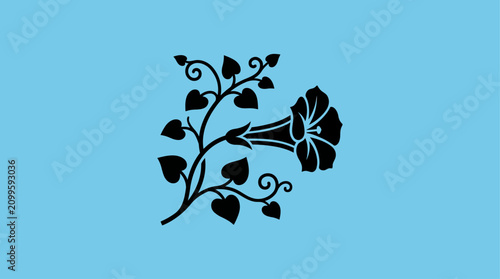 Morning glory vine features an intricate black silhouette of a floral stem with leaves and a trumpet-shaped blossom set against a light blue backdrop.