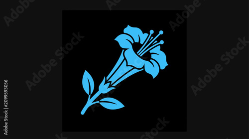 Flower illustration displays a vibrant blue morning glory bloom centered against a stark black background to emphasize the botanical form.