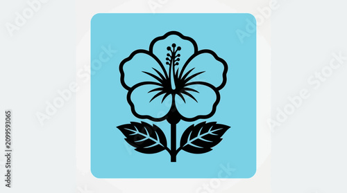 Hibiscus flower icon presents a symmetrical black floral silhouette set on a light blue square.