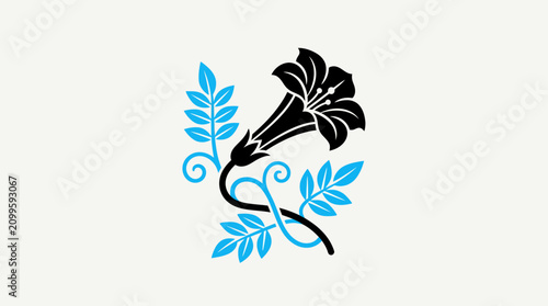 Flower graphic combines black and blue ink elements to form a stylized botanical branch.