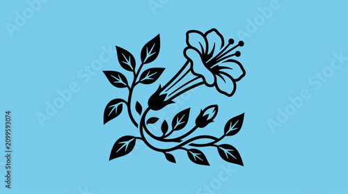 Flower illustration displays a black floral motif against a solid light blue background.