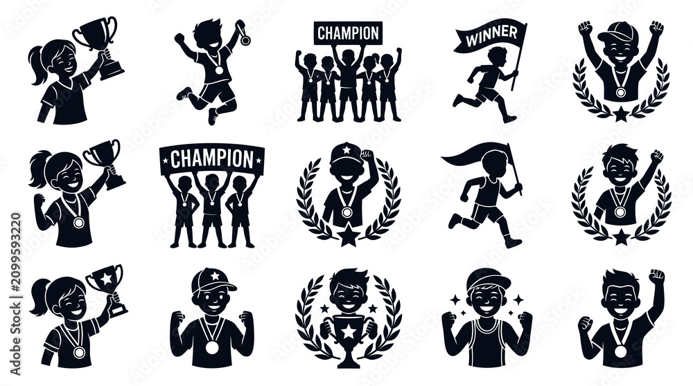 Fototapeta premium Glyph Kids Sports Champions Winners Vector Collection with Trophies, Medals, and Running Silhouettes