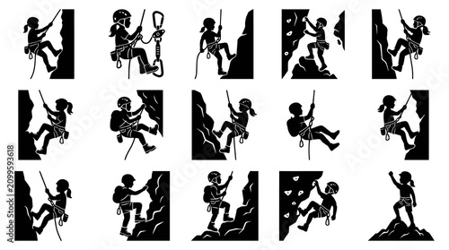Kids Rock Climbing Black Silhouette Vector Icon Set. Children Outdoor Adventure Climbers and Mountaineers Glyphs.