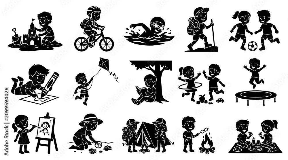 Obraz premium Children Play Activities Glyph Set - Black and White Kids Recreation and Childhood Silhouettes