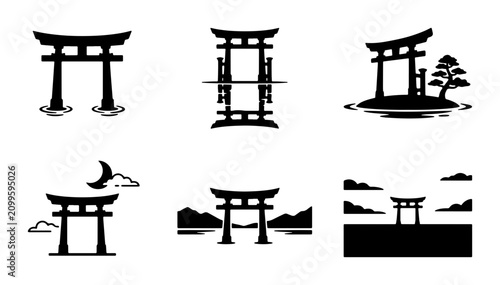Bild auf Leinwand Japanese Torii Gate Icons, Shinto Shrine Symbols, Sacred Archways, Spiritual Lan