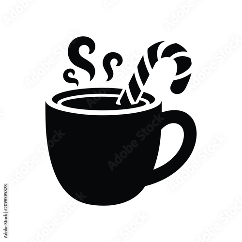 Black silhouette icon of a hot chocolate mug with peppermint candy cane.