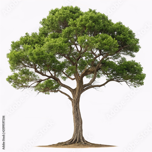 Large green tree with sprawling branches isolated on white background