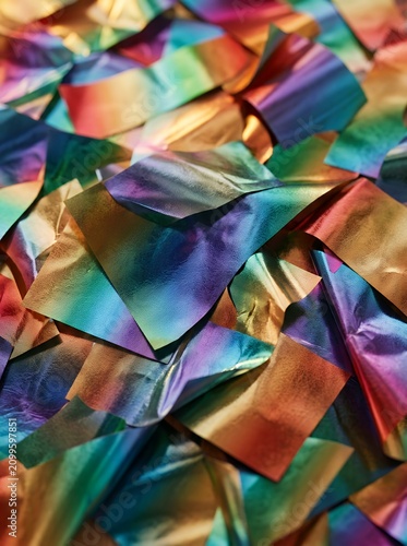 Vibrant Abstract Background of Colorful Metallic Foil Pieces.