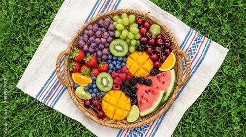 Vibrant Assortment of Fresh Fruits Arranged on a Wicker Platter Outdoors.