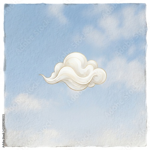 Whimsical cloud illustration against a soft blue sky with textured paper border.
