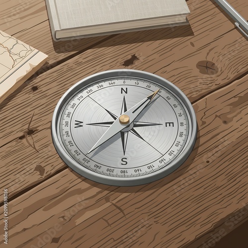 Vintage Compass on Wooden Table with Map and Book.