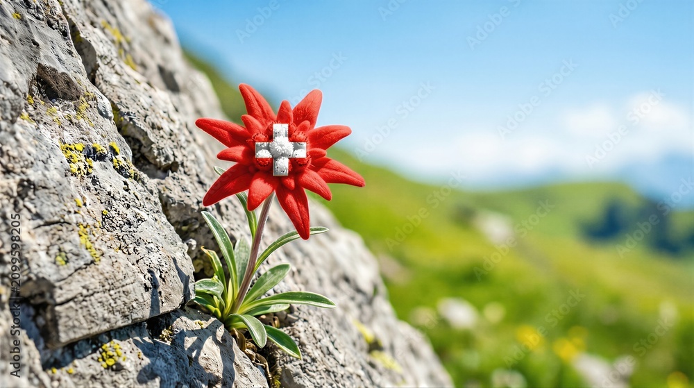 Obraz premium Edelweiss flower growing from rock with Swiss cross symbol at center. Alpine flora representing national identity. Symbol of Switzerland for Swiss National Day or cultural heritage.