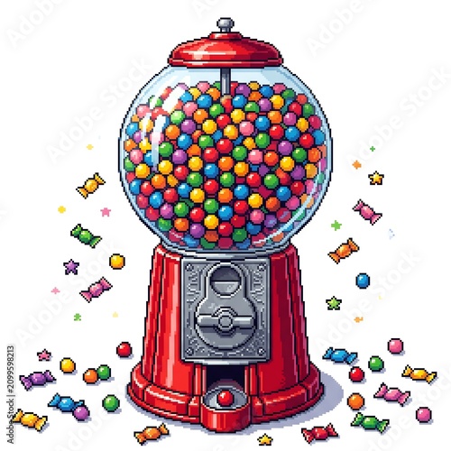 Vibrant red pixel art gumball machine filled with colorful round candies isolated on white background