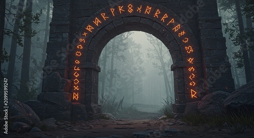 Mysterious ancient stone archway entrance fog.