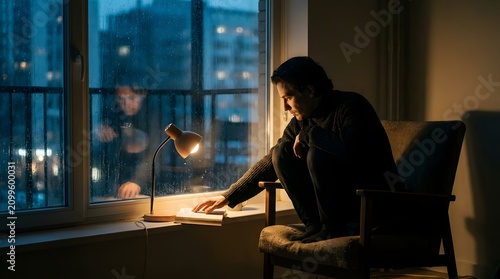 Man sitting alone in dark room.