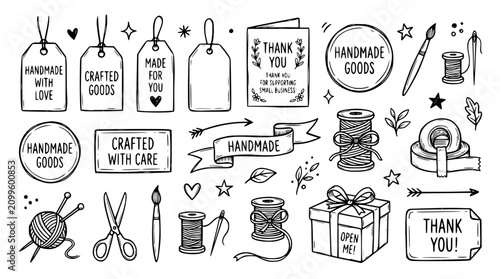 Hand drawn handmade craft seller icons tag label wrap ribbon box sticker thank you card, black ink sketch vector illustration
