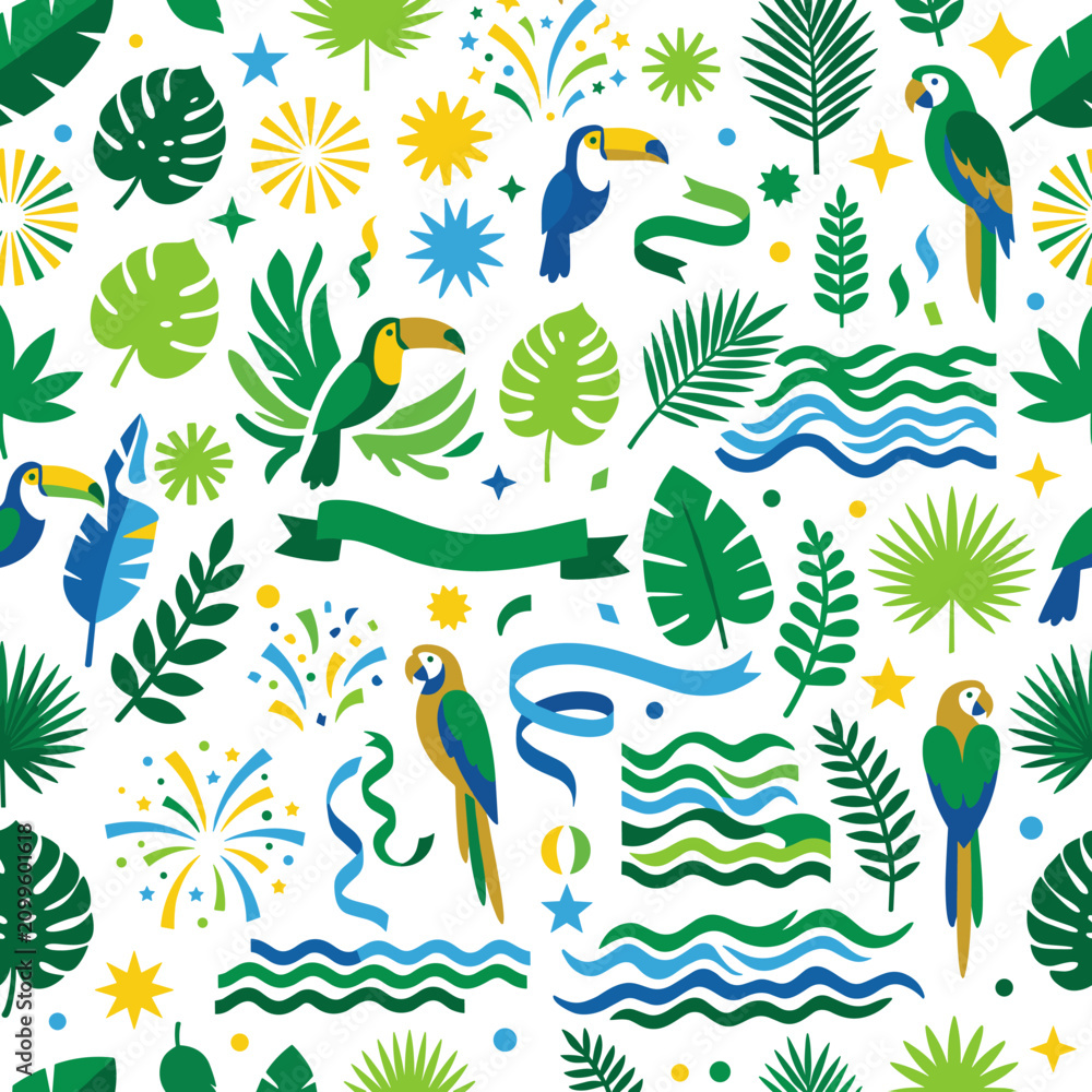 Obraz premium Tropical pattern with toucans, parrots, and jungle leaves